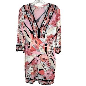 BOSTON PROPER Y2K Dress Size 6 Pink Mod Retro Floral 60s Style Belt V Neck